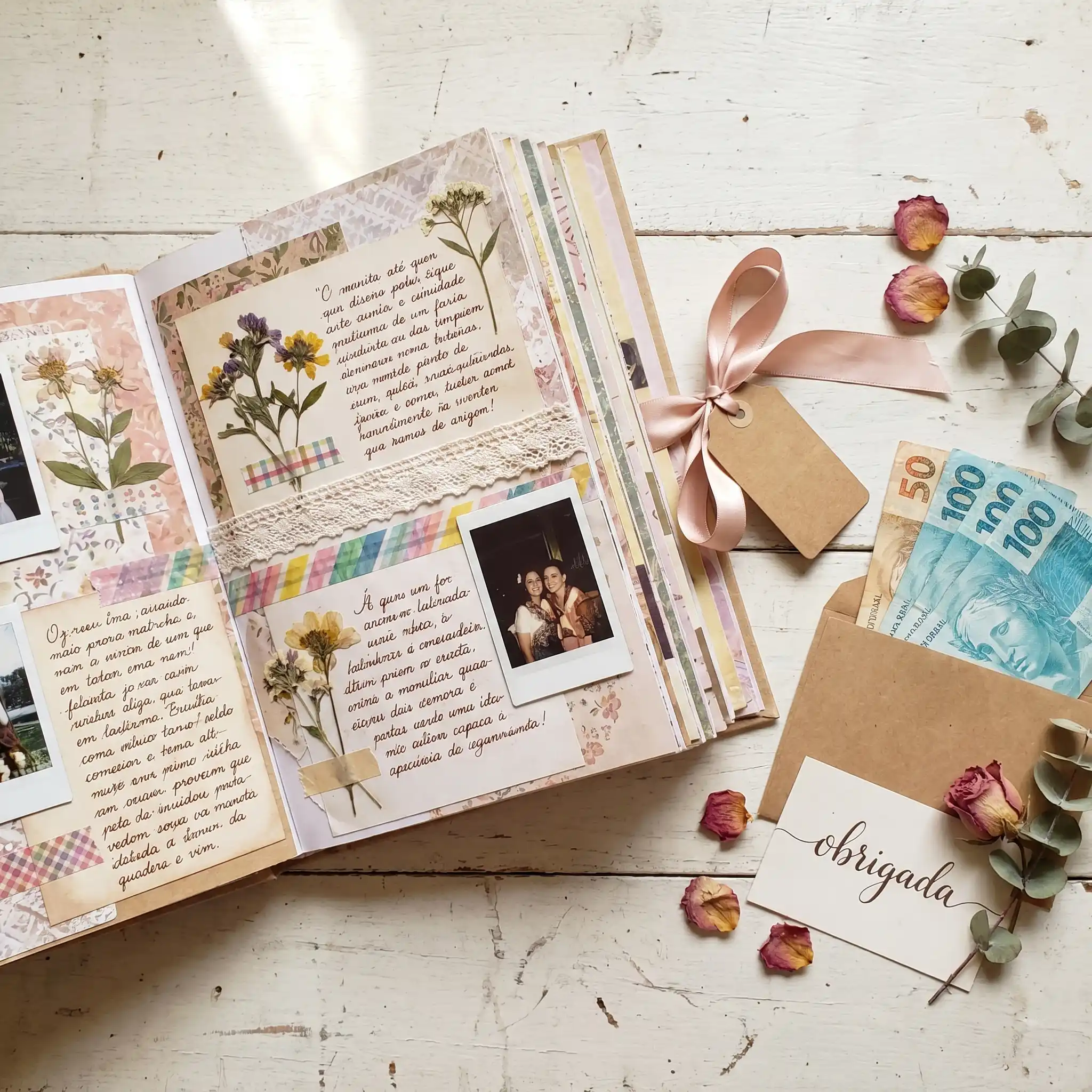 Scrapbook artesanal aberto com flores prensadas, fotos polaroid e cartão de agradecimento