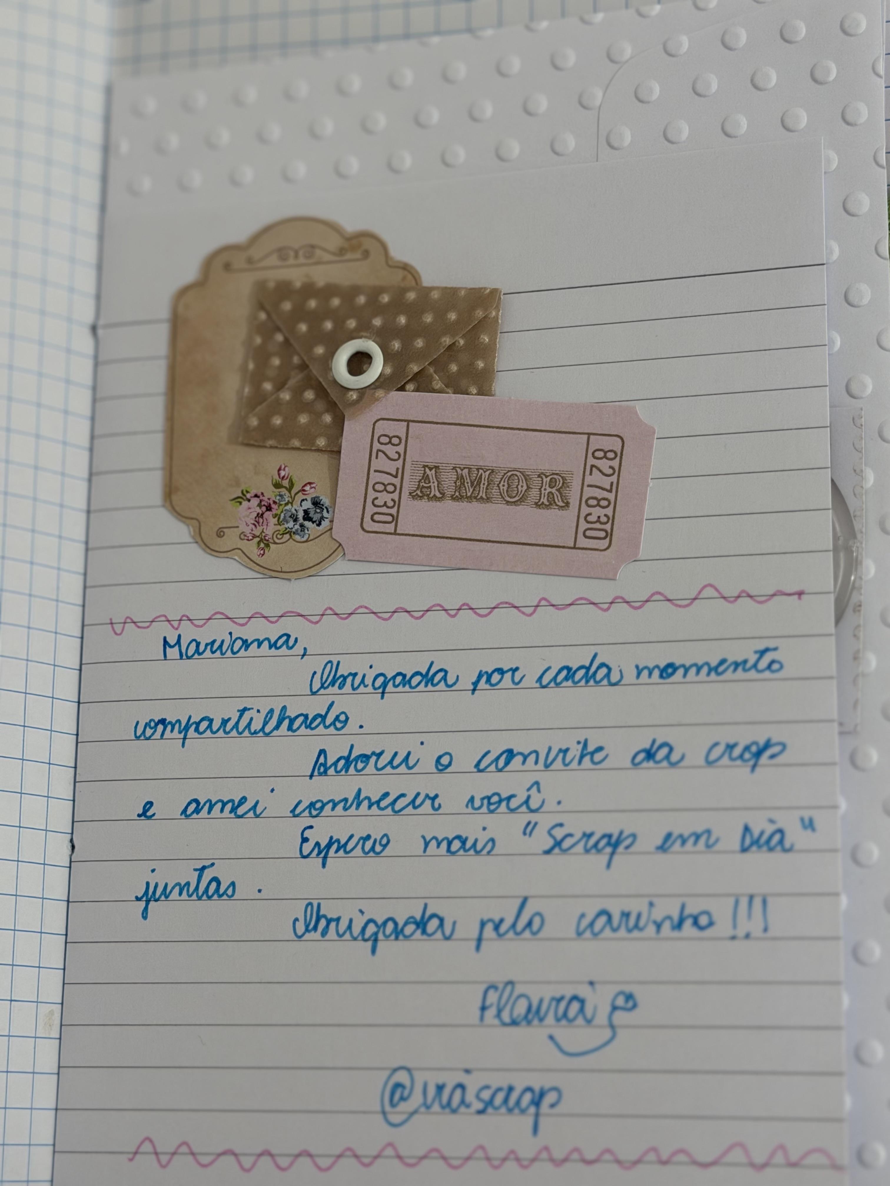 Bilhete manuscrito de agradecimento de aluna do encontro de scrapbook