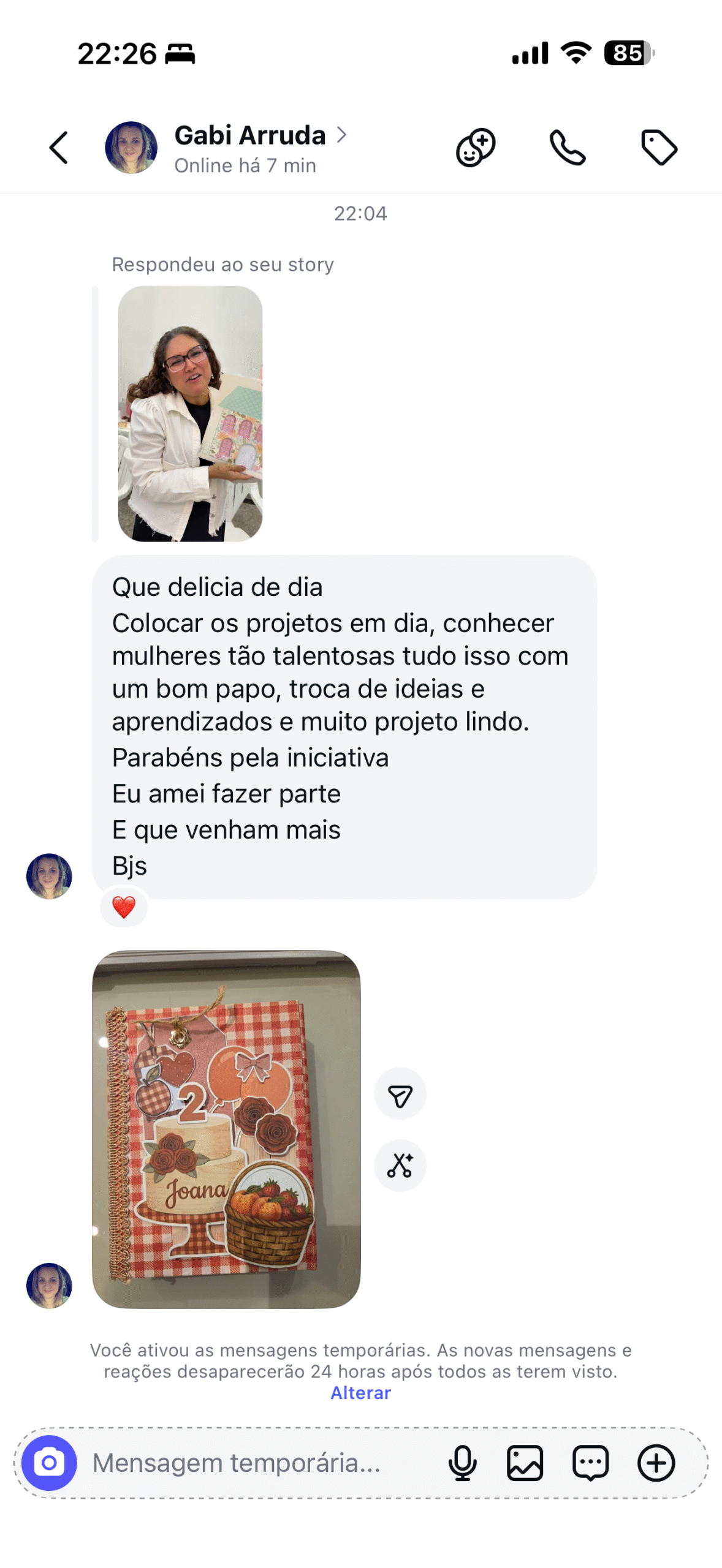 Print de mensagem de Gabi Arruda elogiando o encontro de scrapbook